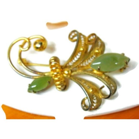 Sorrento Jade Flower Gold Plated 925 Sterling Silver Brooch - Picture 3 of 11